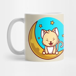 Cute Cat Sitting On Sickle Moon With Stars Cartoon Mug